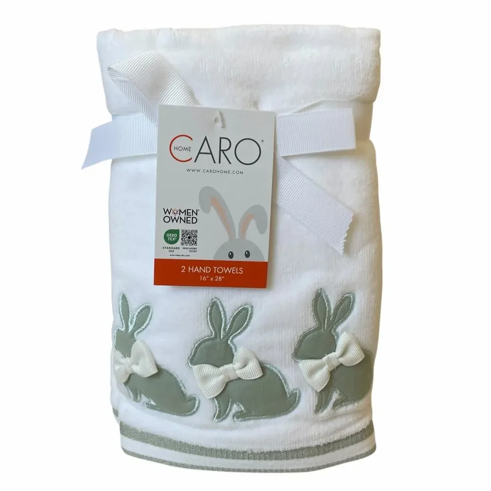 Caro Easter Bunny w/ Bow Hand Towels 2pc 16x28 Embroidered Green & White NEW